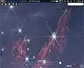 Part of the explosion with JWST NIRCam. Iron is green and the fingers in hydrogen are red.