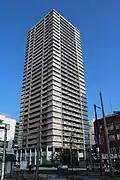 View of a tall, slender, gray structure