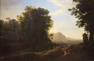 Hazy and serene landscape, primarily of trees and hills in the distance, with a small shepherd figure.