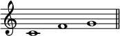 
\relative c' {
\cadenzaOn \omit Staff.TimeSignature
\tempo 1 = 90 \set Score.tempoHideNote = ##t
c1 f g \bar "||"
}
