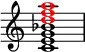
\fixed c' {
  \omit Score.TimeSignature
  <c e g bes \tweak NoteHead.color #red d' \tweak NoteHead.color #red f' \tweak NoteHead.color #red a'>1
}
