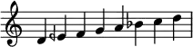 
\relative c' {
\time 8/4 \omit Staff.TimeSignature
d4 eeh f g a bes c d \bar "|"
}
