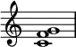 
{
\override Score.TimeSignature #'stencil = ##f
\relative c' {
   \clef treble
   \time 4/4
   \key c \major
   <c f g>1
} }
