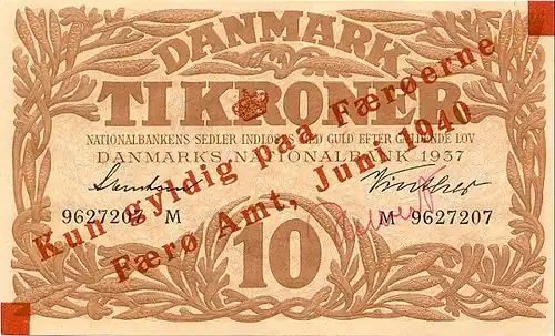 Danish 10 kroner banknote with June 1940 overstamp