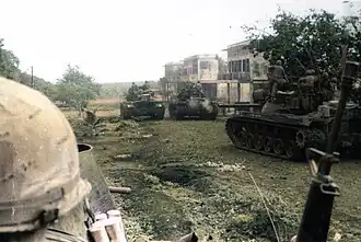US tanks entering a town in Cambodia in 1970.