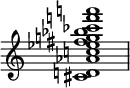  {
\override Score.TimeSignature #'stencil = ##f
\relative c' { 
  \clef treble \time 4/4
  <cis d! aes' c! es fis g! bes ces f! a!>1
} }
