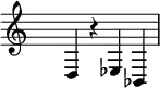 \relative
 { \set Score.tempoHideNote = ##t \tempo 4 = 190 \set Staff.midiInstrument = #"piano"
  \key c \major
  \time 4/4 \hide Staff.TimeSignature
     d4 r ees bes4
  }