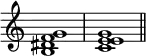 
{
\override Score.TimeSignature #'stencil = ##f
\relative c' {
   \clef treble 
   \time 4/4
   \key c \major
   <b dis f g>1 <c e e g> \bar "||"
} }
