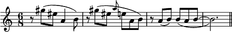 \relative c''' {
\time 6/8
r8 gis (eis a,4 b8)
r <<{s4 \grace a'8}\\{gis ^(eis e a, b)}>>
r a (b) b _(a b~b2.) \bar "||"
}