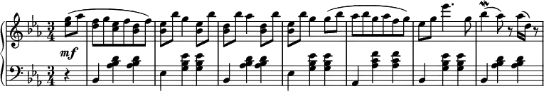 \relative c' {
\new PianoStaff <<
\new Staff { \key c \minor \time 3/4
\tempo \markup {
\column {
}
}
\partial 4 <ees' g>8( aes <d, f> g <c, ees> f <bes, d> f') <bes, ees> bes' g4 <bes, ees>8 bes' <bes, d> bes' aes4 <bes, d>8 bes' <bes, ees> bes' g4 g8( bes aes bes g aes f g) ees g ees'4. g,8 bes4\mordent( aes8) r aes16( d,) r8
}
\new Dynamics {
s\mf
}
\new Staff { \key c \minor \time 3/4 \clef bass
r4 bes,, <aes' bes d> <aes bes d> ees <g bes ees> <g bes ees> bes, <aes' bes d> <aes bes d> ees <g bes ees> <g bes ees> aes, <aes' c f> <aes c f> bes, <g' bes ees> <g bes ees> bes, <aes' bes d> <aes bes d>
}
>>
}