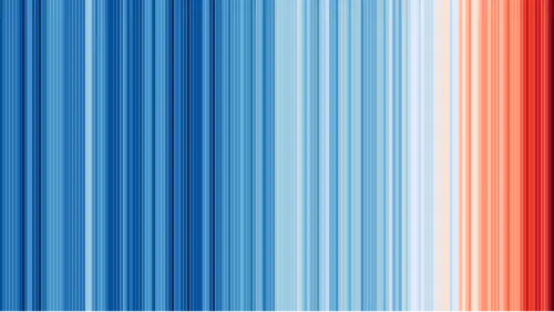 a series of thin vertical stripes in various shades of blue and red, showing more blues at the left end and more reds at the right end to represent global warming