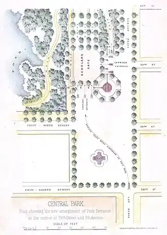 1869 map of the plaza, showing a proposed monument where the Pulitzer Fountain was eventually built.