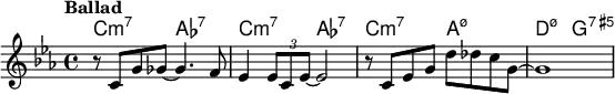 \relative c' {
<<
\new ChordNames {
\set chordChanges = ##t
\set Staff.midiInstrument = #"acoustic guitar (nylon)"
\chordmode { c2:m7 aes:7 | c2:m7 aes:7 | c:m7 a:m7.5- d:m7.5- g:7.5+}
}
\new Staff { \set Staff.midiInstrument = #"clarinet"
\tempo "Ballad"
\key ees \major
r8 c g' ges~ ges4. f8 | ees4 \times 2/3 { ees8 c ees~ } ees2 | r8 c ees g d' des c g~ | g1
}
>>
}
