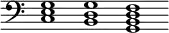 { \override Score.TimeSignature #'stencil = ##f \clef bass \cadenzaOn <c e g>1 <b, d g> <g, b, d f> }