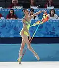 Preparing to throw the ribbon with a foot (Aino Yamada)