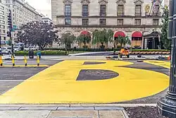 The letter "B" in the mural reading "Black Lives Matter" painted in June 2020