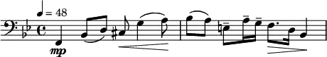 \relative c { \clef bass \time 4/4 \key bes \major \tempo 4 = 48 f,\mp bes8( d) cis\< g'4( a8)\! | bes( a) e-- a16-- g-- f8.\> d16 bes4\! }