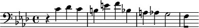 
\version "2.18.2"
\header {
  tagline = ##f
}

\score {
  \new Staff \with {

  }
<<
  \relative c' {
    \clef bass
    \key f \minor
    \time 4/4

     %% SUJET fugue CBT I-12, BWV 857, fa mineur
     r4 c4 des c b e f bes, a aes g2
{ 
 % suppression des warnings :
 #(ly:set-option 'warning-as-error #f)
 #(ly:expect-warning (_ "stem does not fit in beam")) %% <= à traduire éventuellement
 #(ly:expect-warning (_ "beam was started here")) %% <= à traduire éventuellement
  \set stemRightBeamCount = #1
  f4*1/2[ s]
}

  }
>>
  \layout {
     \context { \Score \remove "Metronome_mark_engraver"
     %\override SpacingSpanner.common-shortest-duration = #(ly:make-moment 1/2)
}
  }
  \midi {}
}
