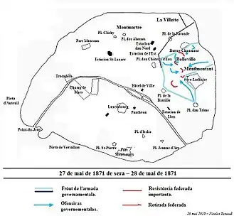 The last major fighting took place near the Père Lachaise Cemetery, the Buttes-Chaumont and Belleville.