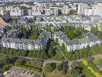 The multifamily residential housing in the region of Komisji Edukacji Narodowej Avenue, in North Ursynów, in 2023.