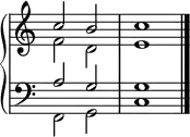\new PianoStaff <<
{ \omit Score.TimeSignature }
\new Staff \fixed c' { << { c'2 b c'1 } \\ { f2 d e1 } >> \bar "|." }
\new Staff { \clef bass << { a2 g g1 } \\ { f,2 g, c1 } >> }
>>