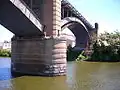 Bridge supports from the river.
