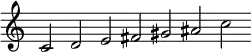 
{ \override Score.TimeSignature #'stencil = ##f
  \relative c' { \clef treble \cadenzaOn c2 d e fis gis ais c }
}
