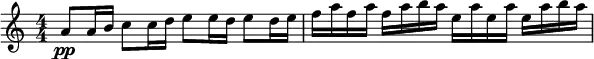 \relative c'' {
\set Staff.midiInstrument = #"violin"
\set Score.tempoHideNote = ##t \tempo 4 = 135
\numericTimeSignature
\tempo "Allegro"
\key c \major \time 4/4
a8\pp a16 b c8 c16 d e8 e16 d e8 d16 e|
f a f a f a b a e a e a e a b a |
}