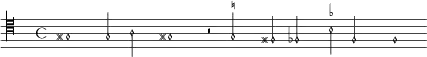 
{
 \new MensuralVoice \with { \remove "Time_signature_engraver" }
 \clef "mensural-c4" 
  gis1  g2 a gis!1 r2 \set suggestAccidentals = ##t g! \set suggestAccidentals = ##f fis fes \set suggestAccidentals = ##tbes f f1  
}
