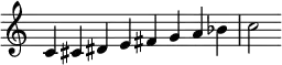 
{
\override Score.TimeSignature #'stencil = ##f
\relative c' {
  \clef treble \key c \major \time 8/4
  c4 cis dis e fis g a bes c2
} }

