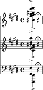 \relative c'''' <<
\new PianoStaff \with {
midiInstrument = "flute"
} {
\key e \major \clef treble {
\set Score.tempoHideNote = ##t
\tempo 4 = 40
<< \partial 2 { <gis fis bis, a>4-> } \\ { <gis, fis bis,>4-> } >> r4\fermata
}
}
\new Staff \with {
midiInstrument = "trumpet"
} {
\key cis \minor \clef treble {
<< { <a dis, bis>4-> } \\ { <a, fis e cis>4-> } >> r4\fermata
}
}
\new Staff \with {
midiInstrument = "trombone"
} {
\key cis \minor \clef bass {
<< { <gis,, fis'>4-> } \\ { <fis fis,>4-> } >> r4\fermata
}
}
>>