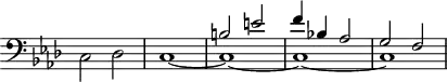 
\version "2.18.2"
\header {
  tagline = ##f
}

\score {
  \new Staff \with {
    \remove "Time_signature_engraver"
  }
<<
  \relative c' {
    \clef bass
    \key f \minor
    \time 4/4
    \tempo 4 = 56

     %% PRÉLUDE CBT I-12, BWV 857, fa mineur — Coda
     << { s1*2 b2 e f4 bes,! aes2 g f } \\ { c2 des c1~ c~ c~ c } >>

  }
>>
  \layout {
     \context { \Score \remove "Metronome_mark_engraver"
     %\override SpacingSpanner.common-shortest-duration = #(ly:make-moment 1/2)
}
  }
  \midi {}
}
