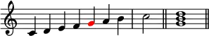 
{
\override Score.TimeSignature #'stencil = ##f
\relative c' { 
  \clef treble 
  \time 7/4 c4 d e f \once \override NoteHead.color = #red g a b \time 2/4 c2 \bar "||"
  \time 4/4 <g b d>1 \bar "||"
} }

