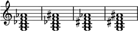 
{
\override Score.TimeSignature #'stencil = ##f
\relative c' {
   \clef treble
   \time 4/4
   \key c \major
   <g b des f aes>1
   <g b des f ais>1
   <g b dis f aes>1
   <g b dis f ais>1
} }

