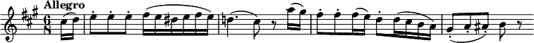 \new Score {
\new Staff = "clarinet" {
\transpose c a
\relative c' {
\set Staff.midiInstrument = #"clarinet"
\clef treble
\key c \major
\time 6/8
\tempo "Allegro"
\set Score.tempoHideNote = ##t
\tempo 8 = 240
\partial 16*2 e16( f) | g8-. g-. g-. a16( g fis g a g) |
f!4.( e8) r c'16( b) | a8-. a-. a16( g) f8-. f16( e d c) |
b8-.( c-. cis-.) d r
}
}
}
