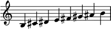 {
\omit Score.TimeSignature \relative c' {
  \time 2/1 b cis dis e fis gis ais b} }