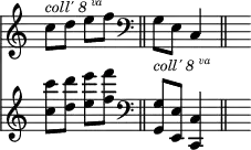 << { \override Score.TimeSignature #'stencil = ##f } \time 2/4 \new Staff { c''8^\markup { \smaller { \italic "coll' 8" \super \italic "va" } } d'' e'' f'' \bar "||" \clef bass g_\markup { \smaller { \italic "coll' 8" \super \italic "va" } } e c4 \bar "||" s4 } \new Staff { <c'' c'''>8 <d'' d'''> <e'' e'''> <f'' f'''> | \clef bass <g g,> <e e,> <c c,>4 | s4 } >>