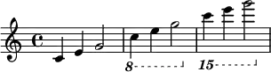 {
\relative c' {
\clef treble
\time 4/4
\key c \major
c4 e g2
\ottava #-1 c,4 e g2
\ottava #-2 c,4 e g2
} }