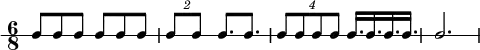 \new RhythmicStaff {
\clef percussion
\time 6/8
\set Score.tempoHideNote = ##t \tempo 4 = 100
c8 c c c c c
\tuplet 2/3 { c8 c } c8. c
\tuplet 4/3 { c8 c c c } c16. c c c
c2.
}