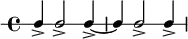 
 \new RhythmicStaff {
   \clef percussion
   \time 4/4
   \set Score.tempoHideNote = ##t \tempo 4 = 100
   c4-> c2-> c4->~ c c2-> c4->
}
