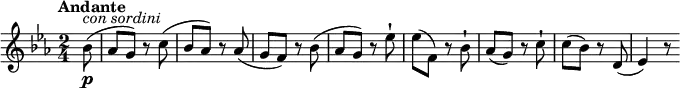 \relative c''' {
\tempo "Andante"
\key ees \major
\time 2/4
\tempo 4 = 50
\partial 4 \partial 8 bes,8\p^\markup { \italic {con sordini} } (aes g) r8
c8 (bes aes) r8
aes (g f) r8 bes (aes g) r8
ees'-! ees (f,) r8 bes-!
aes (g) r8 c-!
c (bes) r8
d, (ees4) r8
}