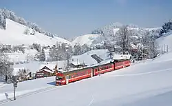 Former BDe 4/4 of AB between Urnäsch and Jakobsbad in 2012 (photo: Kabelleger)