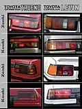 A chart detailing the differences in taillight design of the AE86, showing the Zenki and Kouki versions of the taillights on the 2-door and 3-door versions of the Trueno/Levin.