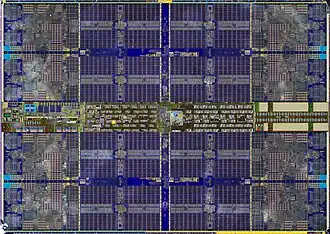 Die shot of one of the 8 other dies on the processor, after metallization etching.