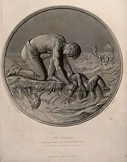 A child being rescued from a shipwreck, two women are in the sea about to be rescued by a boat. Stipple engraving by A. Roffe after F.R. Roffe after W. Wyon