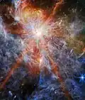 N79-S in mid-infrared with JWST. The bright object in the upper half contains the five most massive YSOs of the super star cluster.