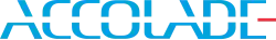 Accolade in all caps and a cyan font; the center line of the E is painted red and separated from the rest of the letter.