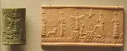 Inscription "Adda, the scribe", hunting god with bow and an arrow, Ishtar with weapons rising from her shoulders, emerging sun-god Shamash, Zu bird of destiny, water god Ea with bull between legs, two-faced attendant god Usimu with right hand raised.[123]