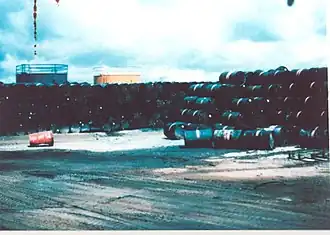Stacks of 200&nbsp;L (44&nbsp;imp&nbsp;gal; 53&nbsp;US&nbsp;gal) drums containing Agent Orange.