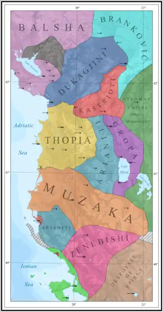 Lands of the Muzaka and Arianiti families in the 14th century